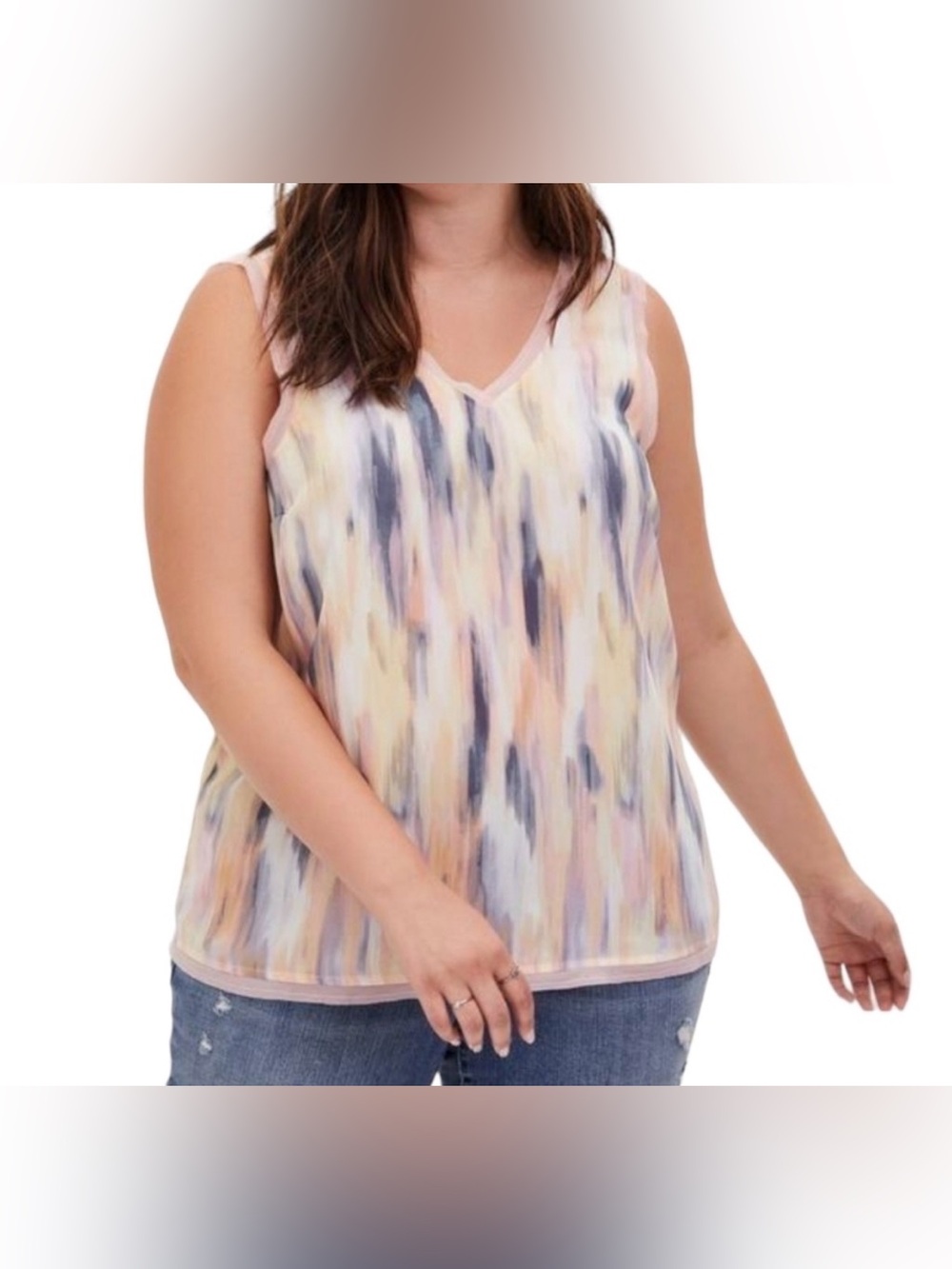 Torrid Multicolor Abstract Brushstroke V-Neck Frayed Trim Tank Top